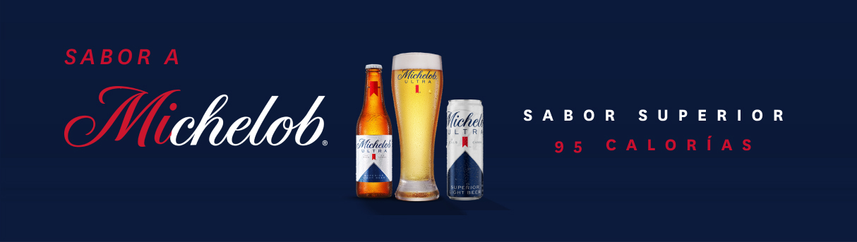 Michelob Ultra en botella y lata  con vaso de cerveza